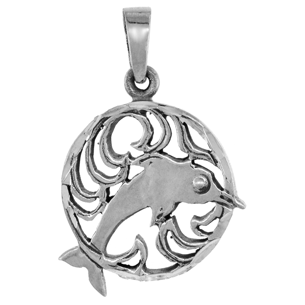 1 1/4 inch Sterling Silver Dolphin jumping Thru Flaming Pendant Diamond-Cut Oxidized finish NO Chain