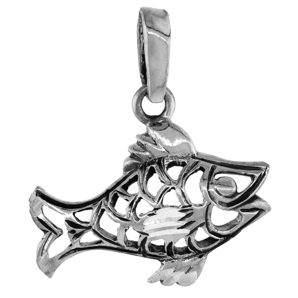 1 inch Sterling Silver Open Scaly Fish Necklace Diamond-Cut Oxidized finish available with or without chain