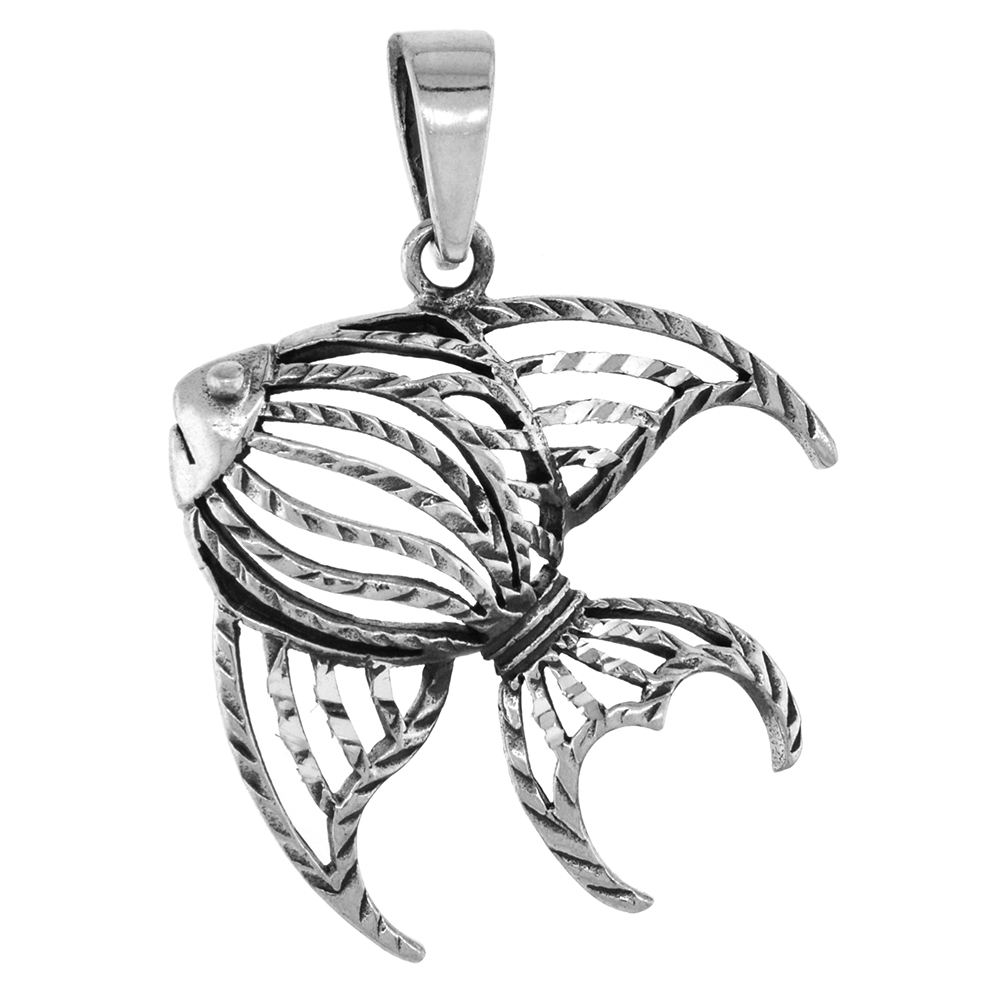 1 1/2 inch Sterling Silver Open Angelfish Necklace Diamond-Cut Oxidized finish available with or without chain