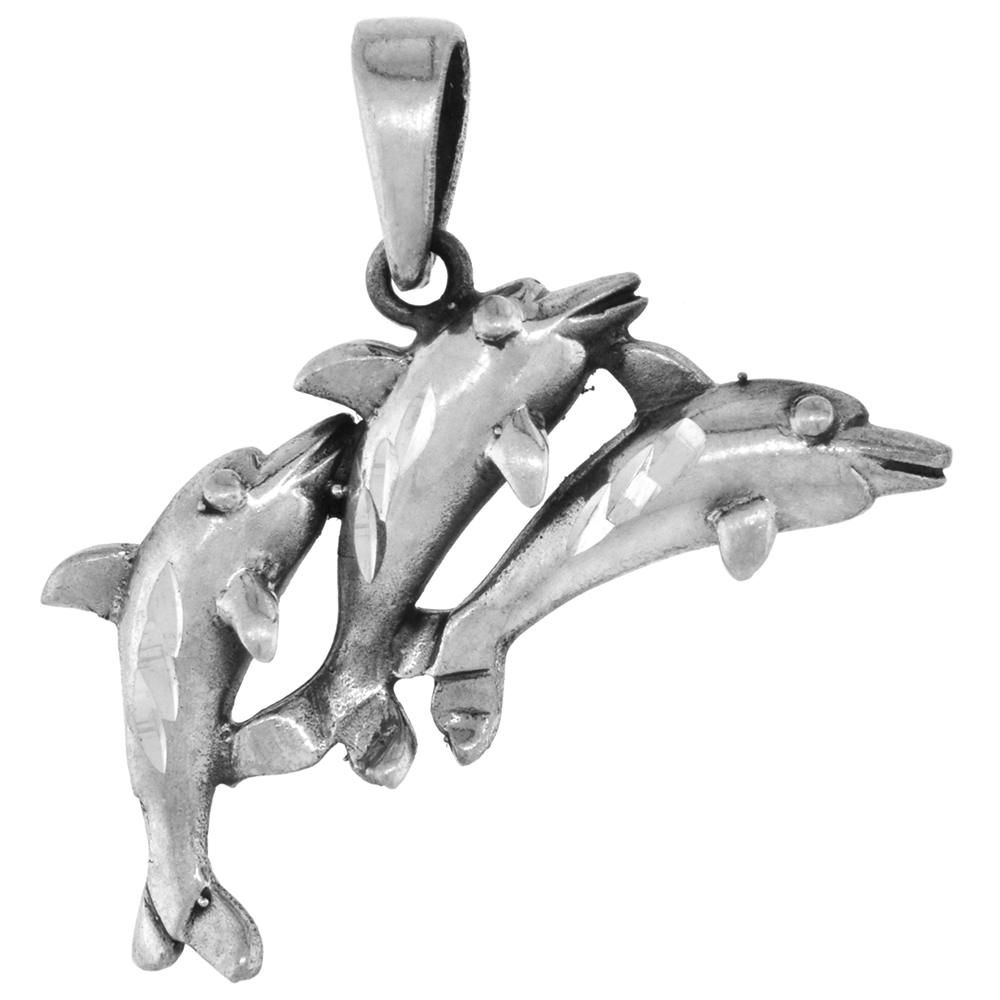 1 1/4 inch Sterling Silver Triple Dolphins Necklace Diamond-Cut Oxidized finish available with or without chain