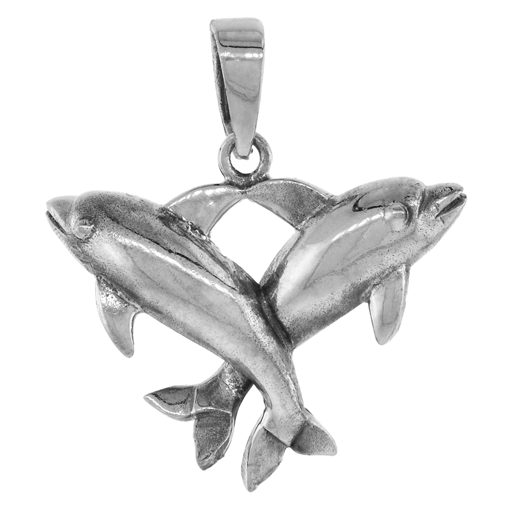 1 1/4 inch Sterling Silver Double Dolphin Necklace Diamond-Cut Oxidized finish available with or without chain