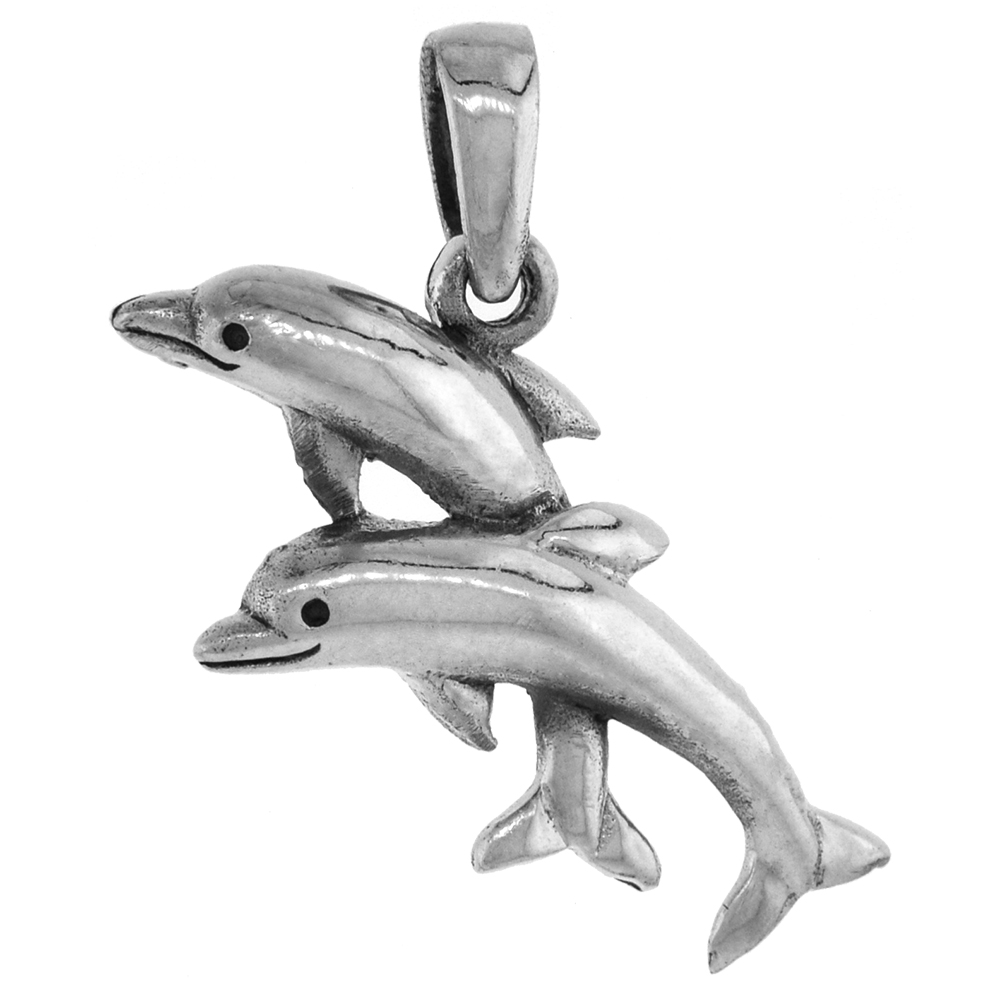 1 1/8 inch Sterling Silver 2 Dolphins Necklace Diamond-Cut Oxidized finish available with or without chain