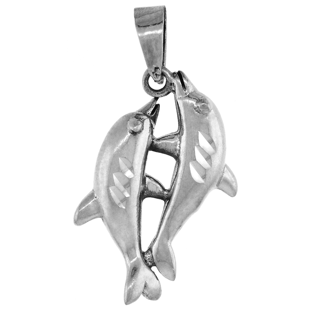 1 3/8 inch Sterling Silver Dolphins Necklace Diamond-Cut Oxidized finish available with or without chain