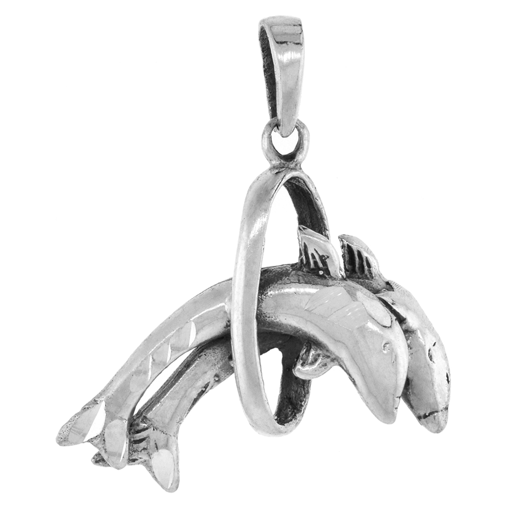 1 1/4 inch Sterling Silver Dolphins Jumping Thru Ring Necklace Diamond-Cut Oxidized finish available with or without chain