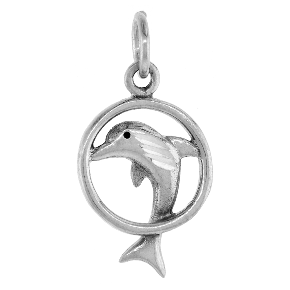 1 inch Sterling Silver Dolphin Jumping Hoop Necklace Diamond-Cut Oxidized finish available with or without chain
