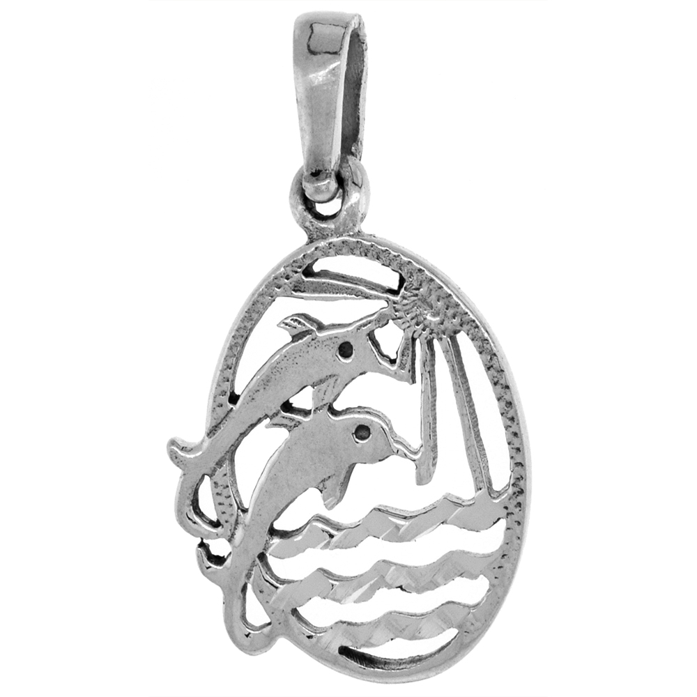 1 3/8 inch Sterling Silver Dolphins Jumping in Ocean Pendant Diamond-Cut Oxidized finish NO Chain