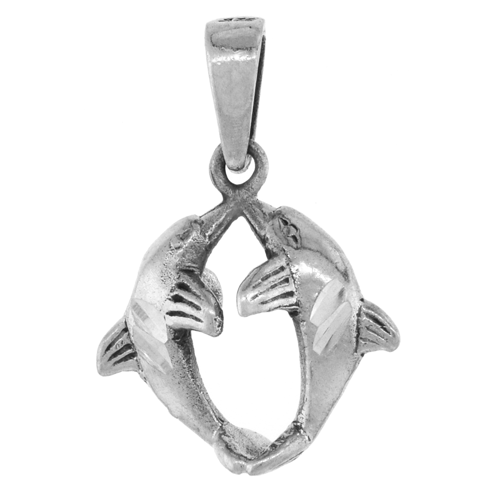 1 inch Sterling Silver Kissing Dolphins Necklace 3-D Diamond-Cut Oxidized finish available with or without chain