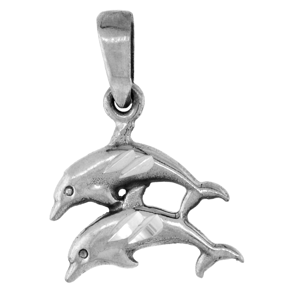 1 inch Sterling Silver Double Jumping Dolphin Necklace Diamond-Cut Oxidized finish available with or without chain