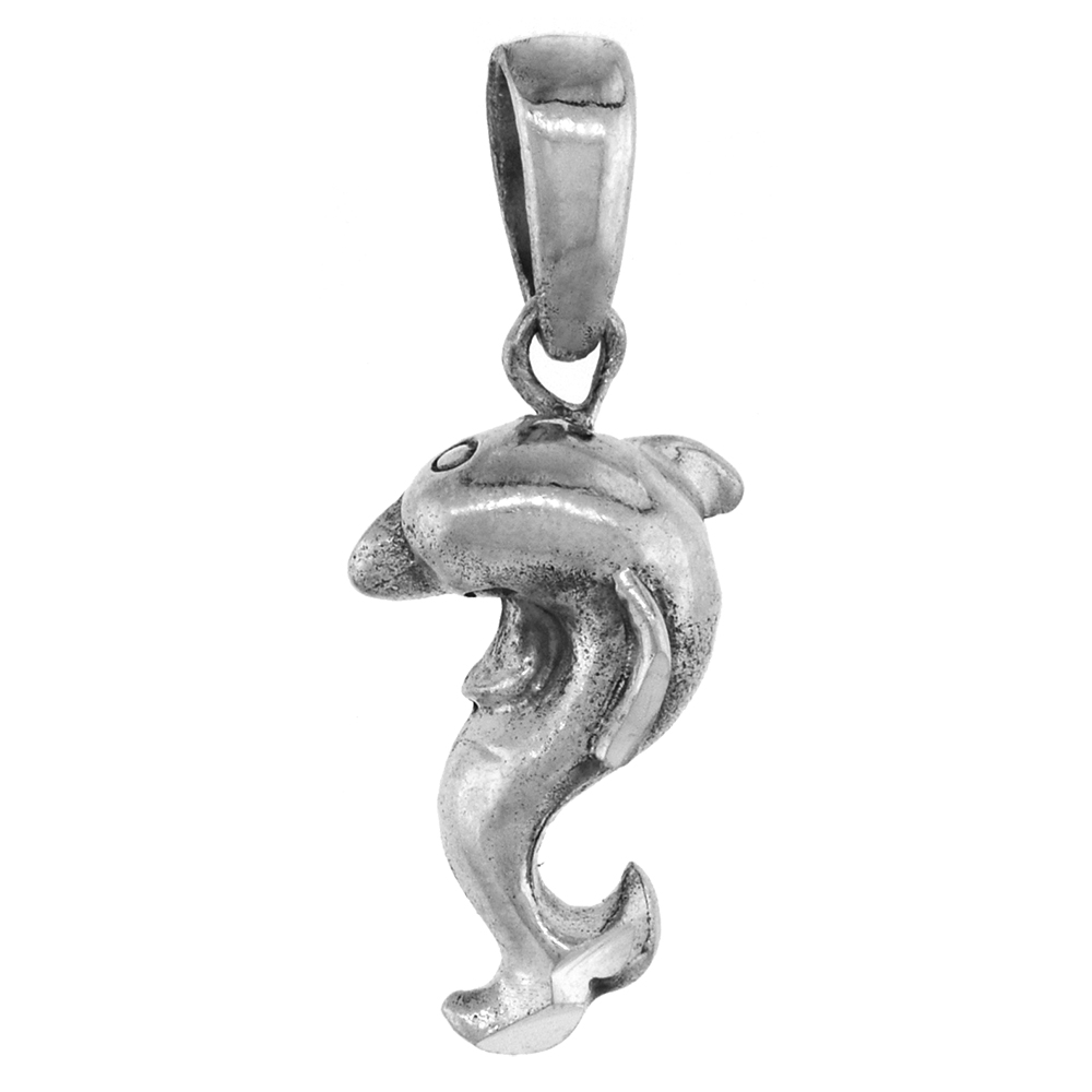 1 1/16 inch Sterling Silver Dolphin Necklace Diamond-Cut Oxidized finish available with or without chain