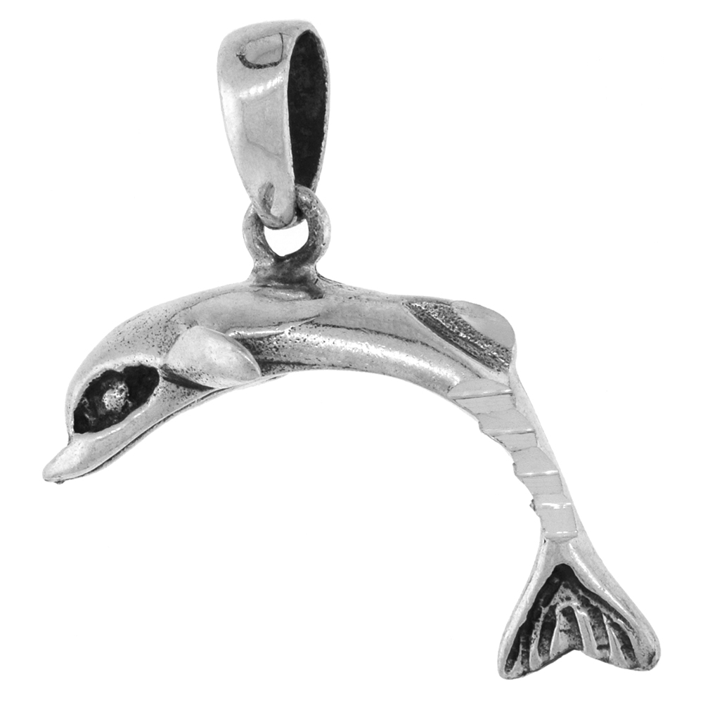1 1/8 inch Sterling Silver Dolphin Necklace Diamond-Cut Oxidized finish available with or without chain