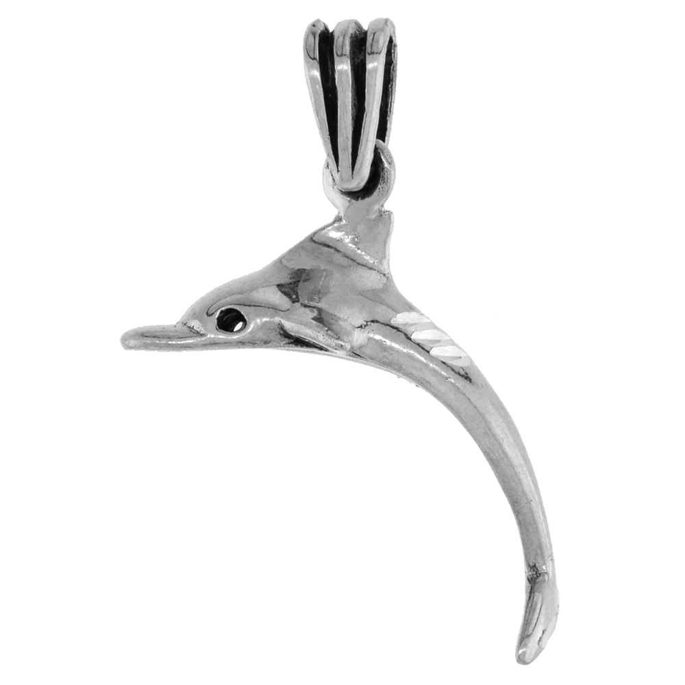 1 inch Sterling Silver Dolphin Necklace Diamond-Cut Oxidized finish available with or without chain