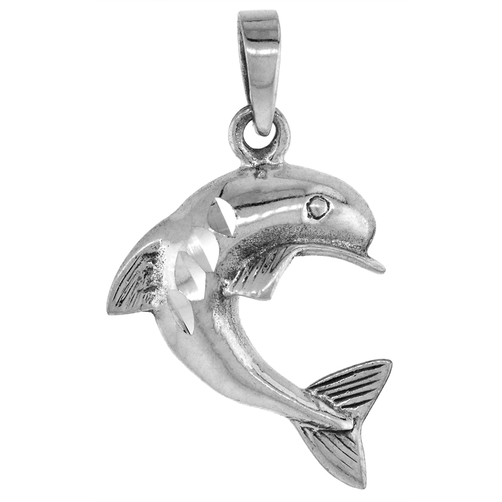 1 3/8 inch Sterling Silver Jumping Dolphin Necklace Diamond-Cut Oxidized finish available with or without chain
