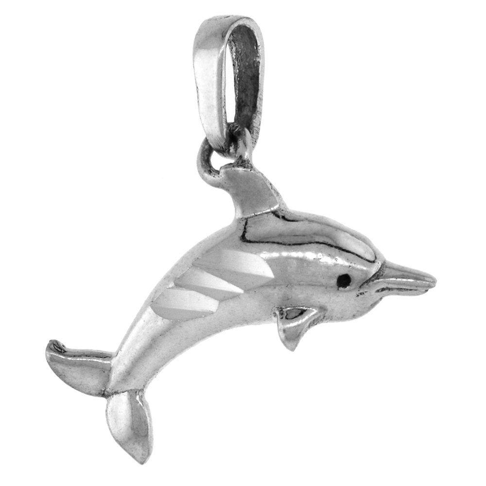 1 inch Sterling Silver Swimming Dolphin Necklace Diamond-Cut Oxidized finish available with or without chain