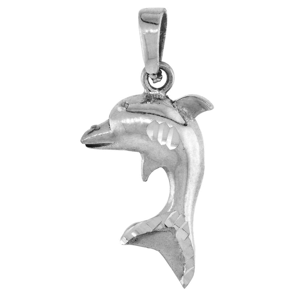 1 1/4 inch Sterling Silver Upright Dolphin Necklace Diamond-Cut Oxidized finish available with or without chain