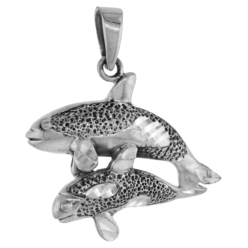 1 3/8 inch Sterling Silver Gray Whales Necklace Diamond-Cut Oxidized finish available with or without chain