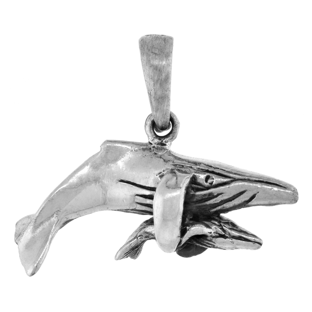 Small 3/4 inch Sterling Silver Mother and Baby Sperm Whale Necklace for Women Diamond-Cut Oxidized finish available with or without chain