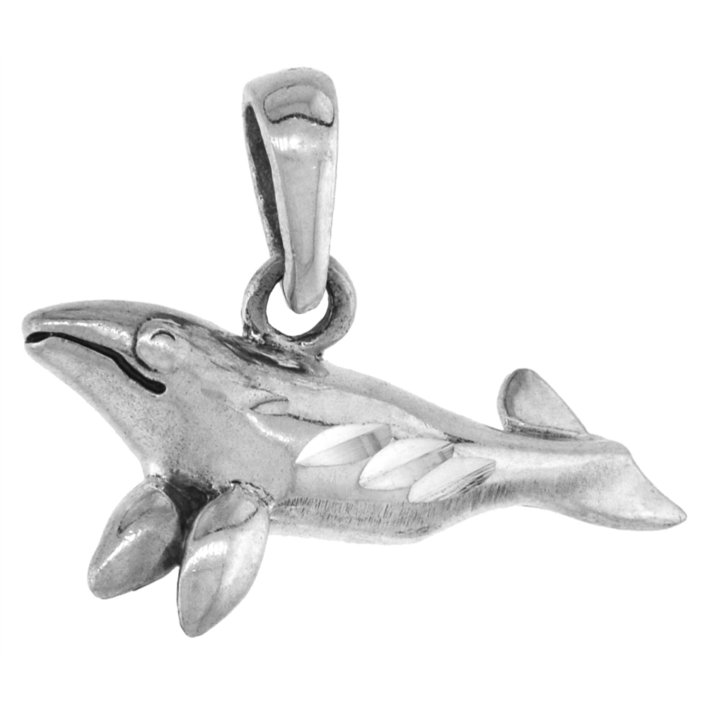 Small 3/4 inch Sterling Silver Sperm Whale Pendant for Women Diamond-Cut Oxidized finish NO Chain