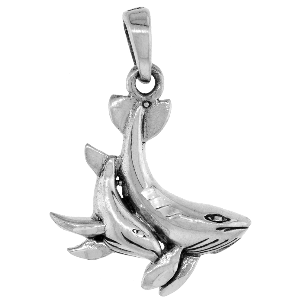 1 1/4 inch Sterling Silver Mother and Baby Whale Necklace Diamond-Cut Oxidized finish available with or without chain