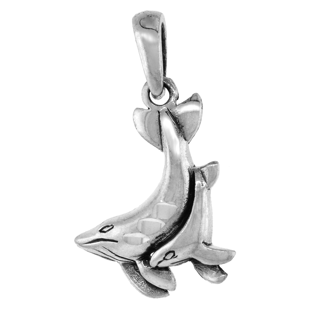 1 1/8 INCH STERLING SILVER MOTHER AND BABY WHALE PENDANT DIAMOND-CUT OXIDIZED FINISH NO CHAIN (NO CHAIN)