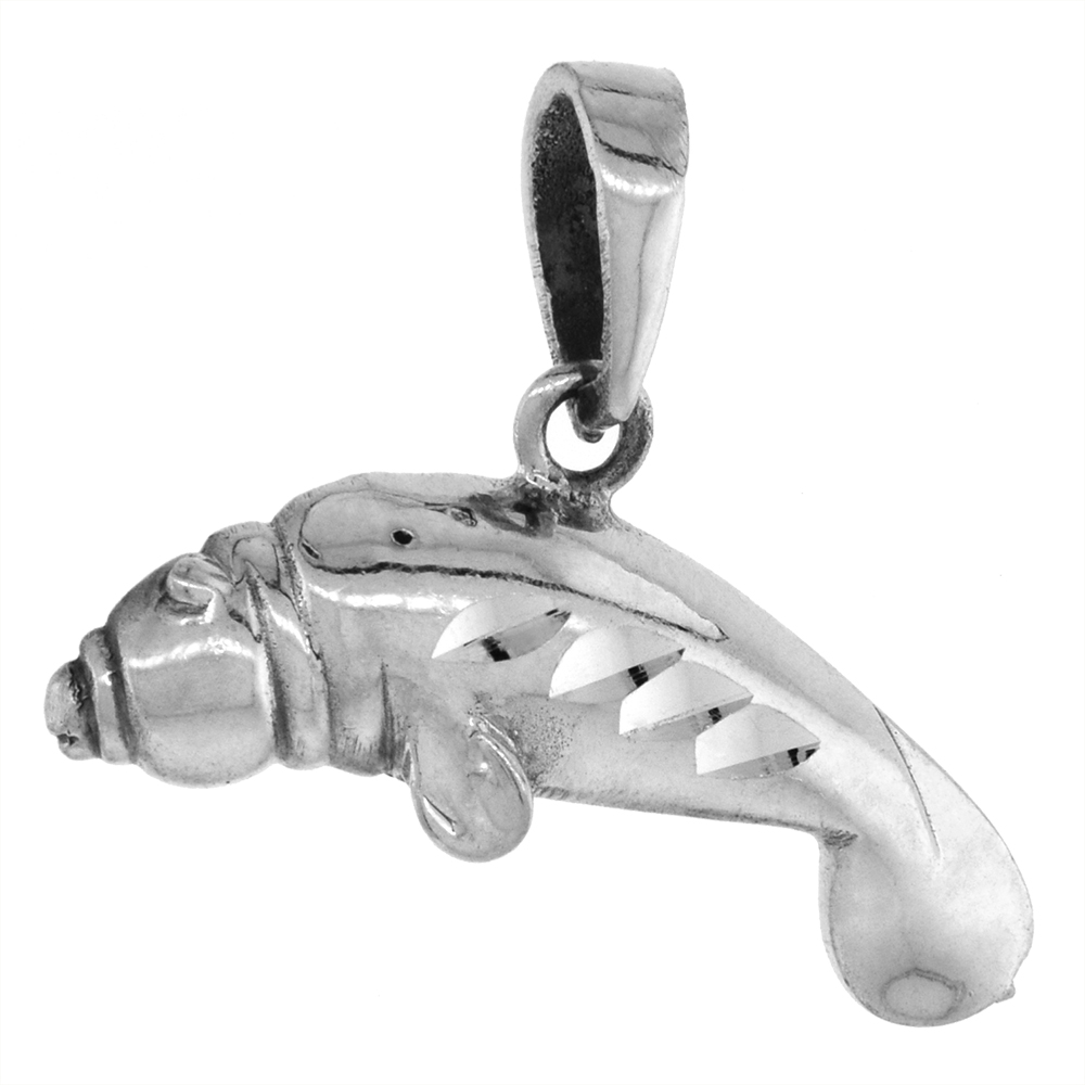 1 inch Sterling Silver Manatee Necklace Diamond-Cut Oxidized finish available with or without chain