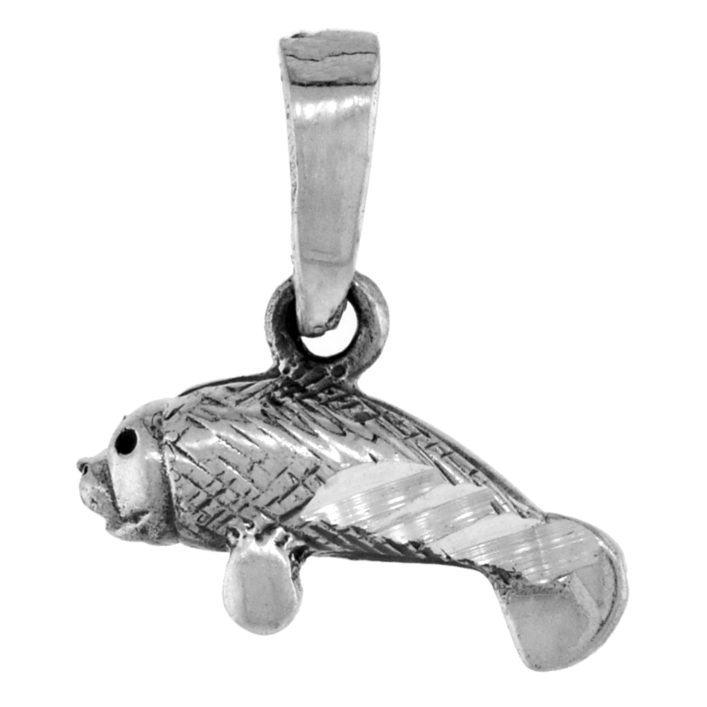 Small 3/4 inch Sterling Silver Manatee Necklace for Women Diamond-Cut Oxidized finish available with or without chain