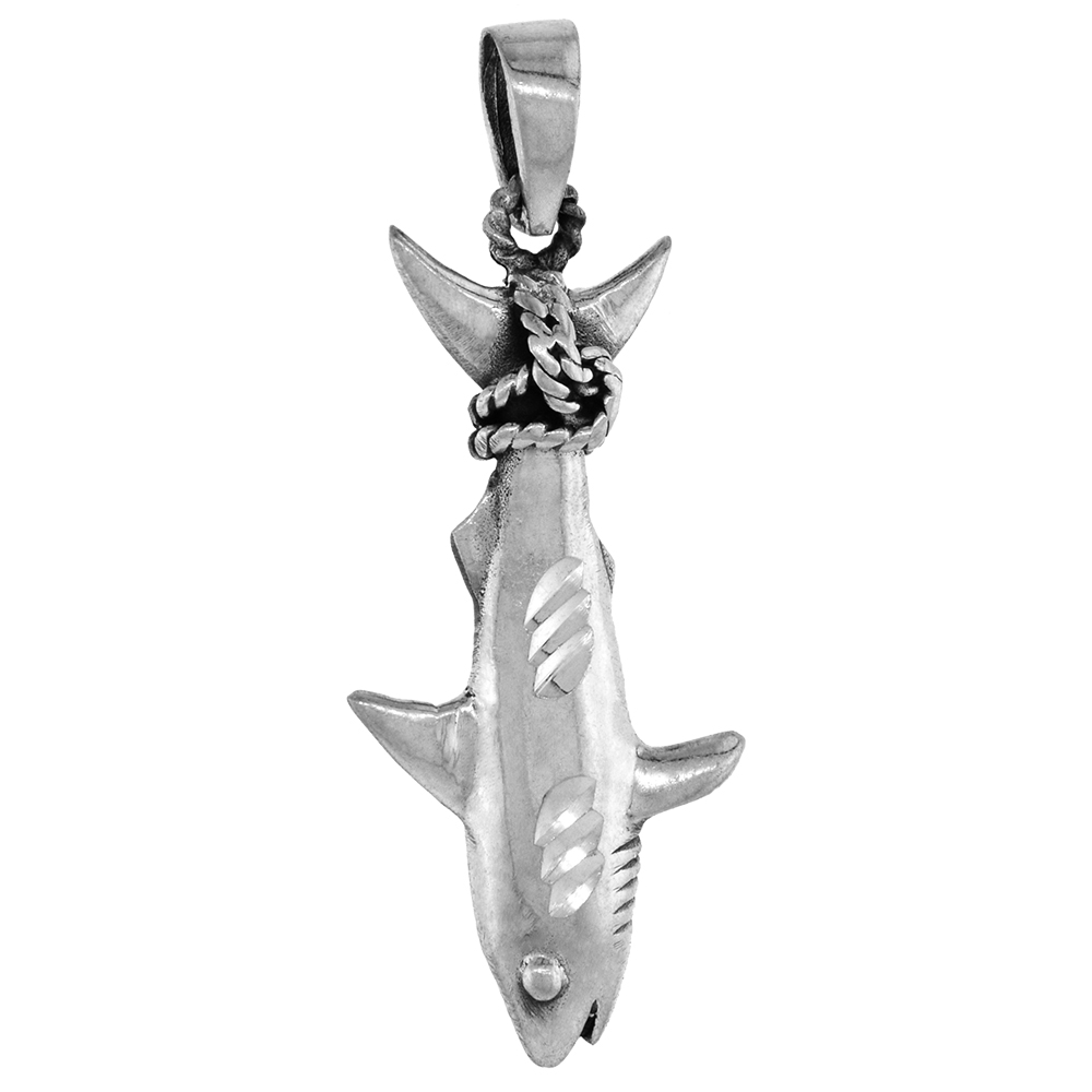 Large 2 inch Sterling Silver Hung by Tail Great White Shark Necklace Diamond-Cut Oxidized finish available with or without chain