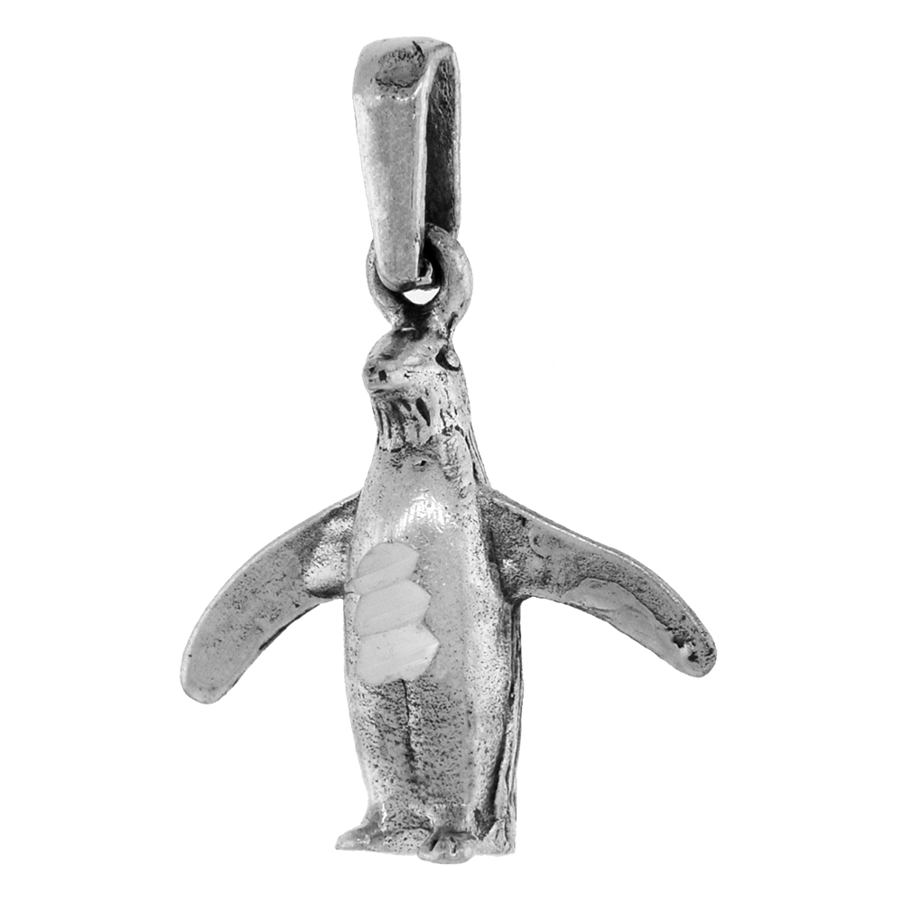 Small 3/4 inch Sterling Silver Walking Penguin Pendant for Women Diamond-Cut Oxidized finish NO Chain