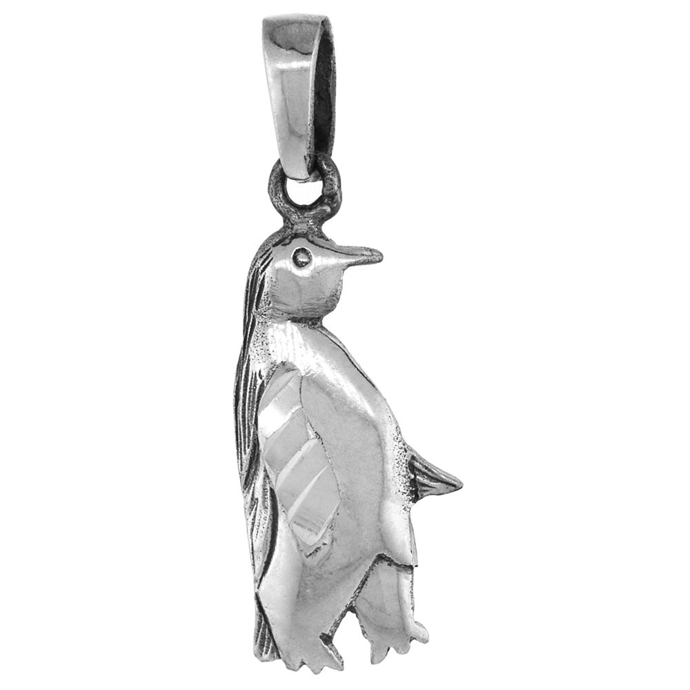 Small 3/4 inch Sterling Silver Standing Penguin Pendant for Women Diamond-Cut Oxidized finish NO Chain