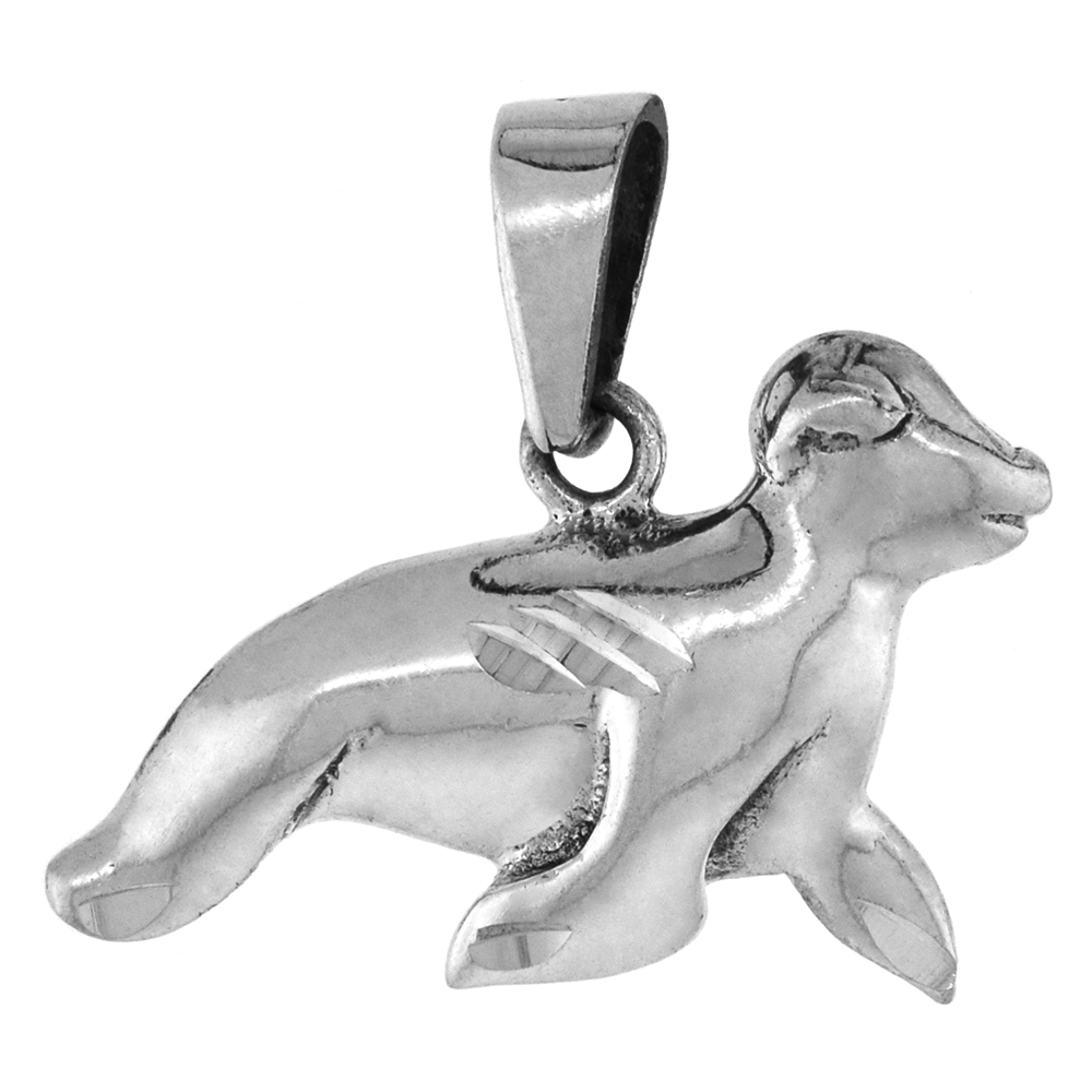 TINY 5/8 INCH STERLING SILVER BABY SEAL PENDANT FOR WOMEN DIAMOND-CUT OXIDIZED FINISH NO CHAIN (NO CHAIN)