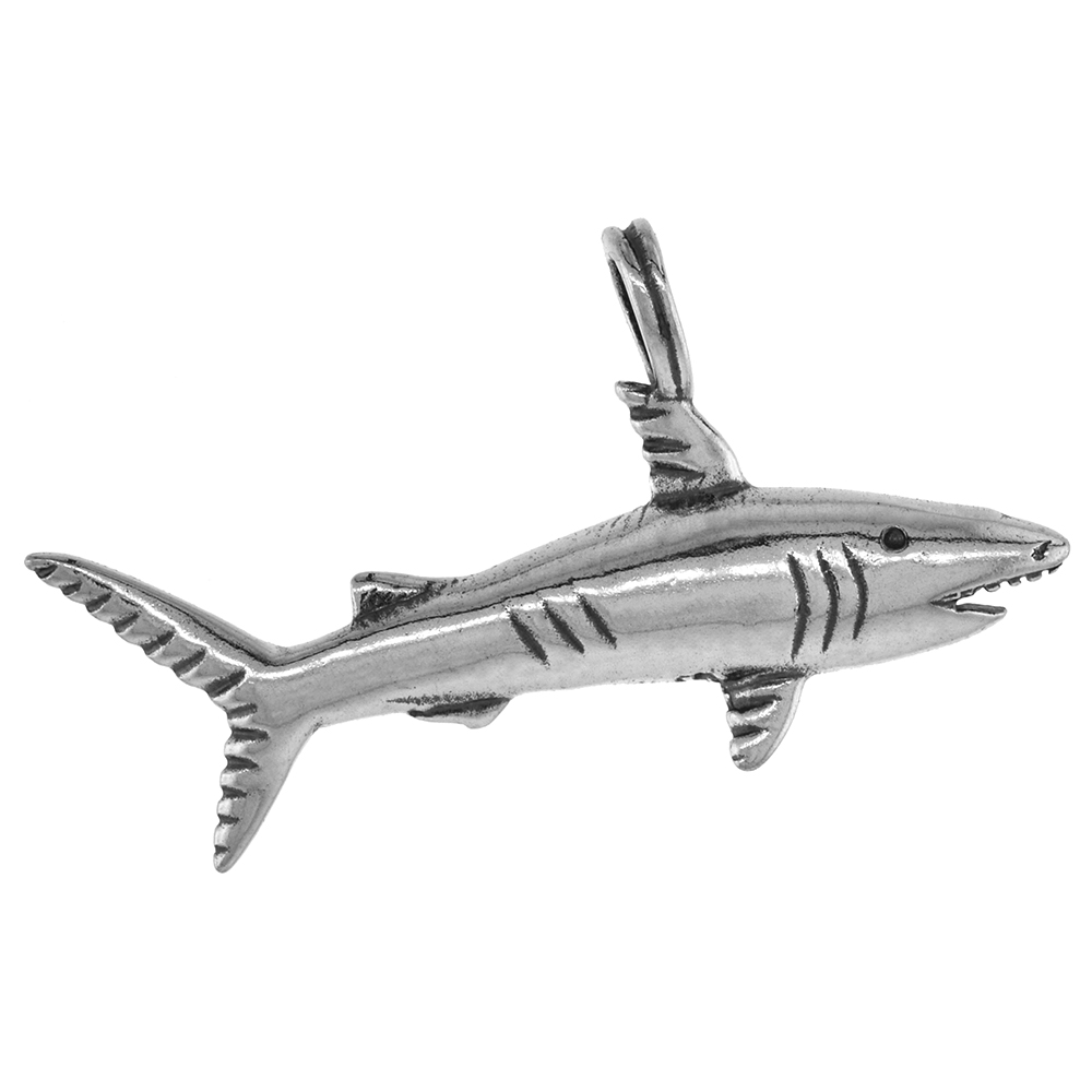 TINY 5/8 INCH STERLING SILVER GREAT WHITE SHARK PENDANT FOR WOMEN DIAMOND-CUT OXIDIZED FINISH NO CHAIN (NO CHAIN)