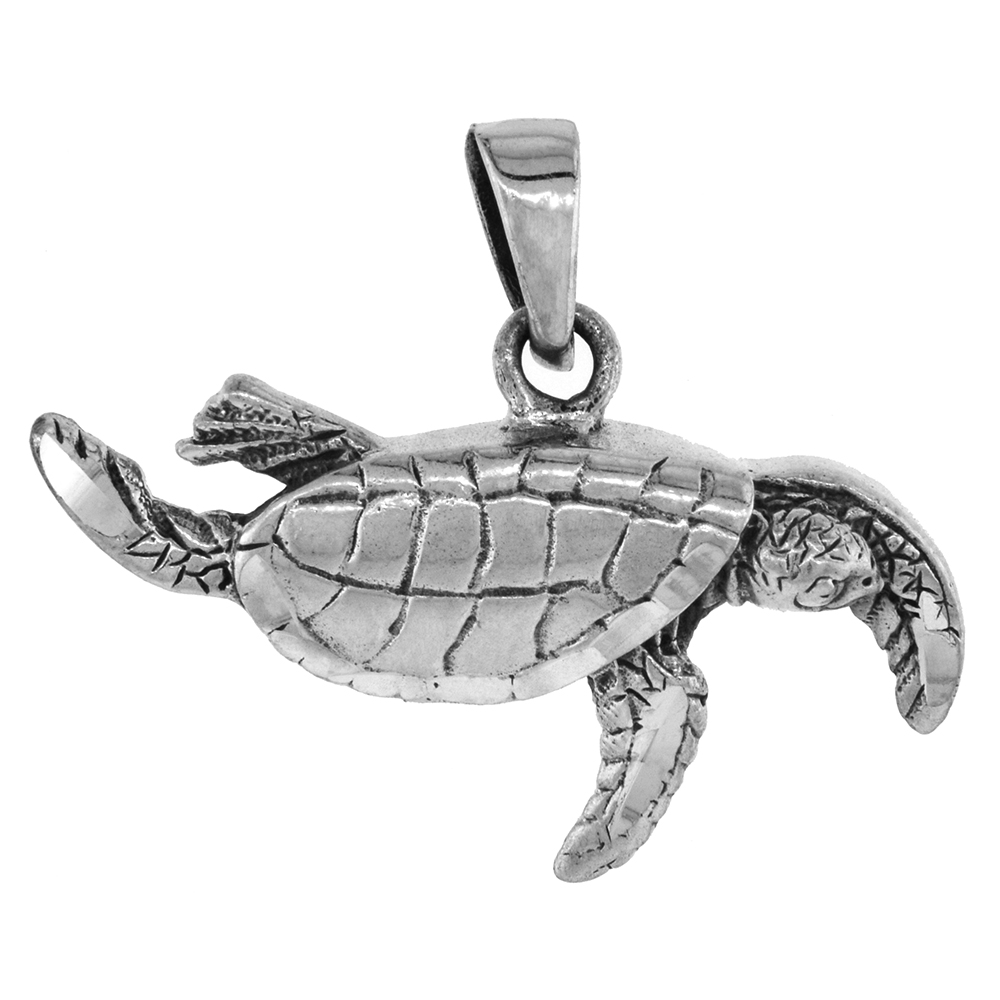 Small 3/4 inch Sterling Silver Sea Turtle Necklace for Women Diamond-Cut Oxidized finish available with or without chain