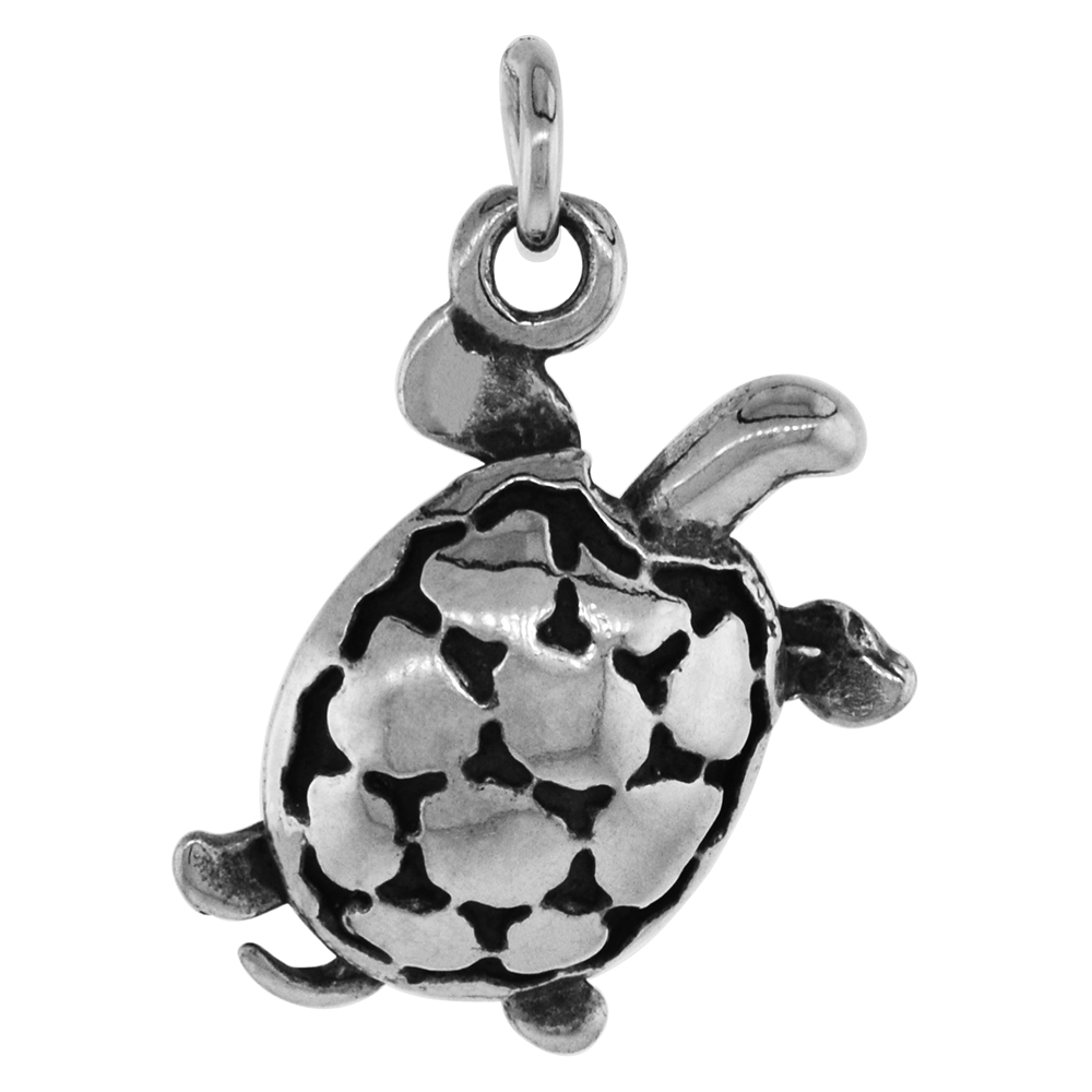 SMALL 3/4 INCH STERLING SILVER TURTLE PENDANT FOR WOMEN DIAMOND-CUT OXIDIZED FINISH NO CHAIN (NO CHAIN)