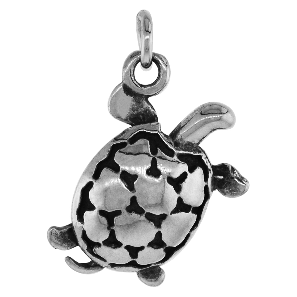 Small 3/4 inch Sterling Silver Turtle Pendant for Women Diamond-Cut Oxidized finish NO Chain