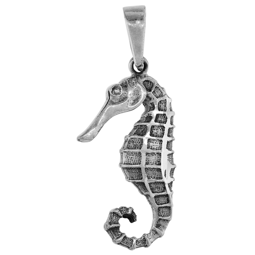1 1/16 inch Sterling Silver Seahorse Necklace Diamond-Cut Oxidized finish available with or without chain
