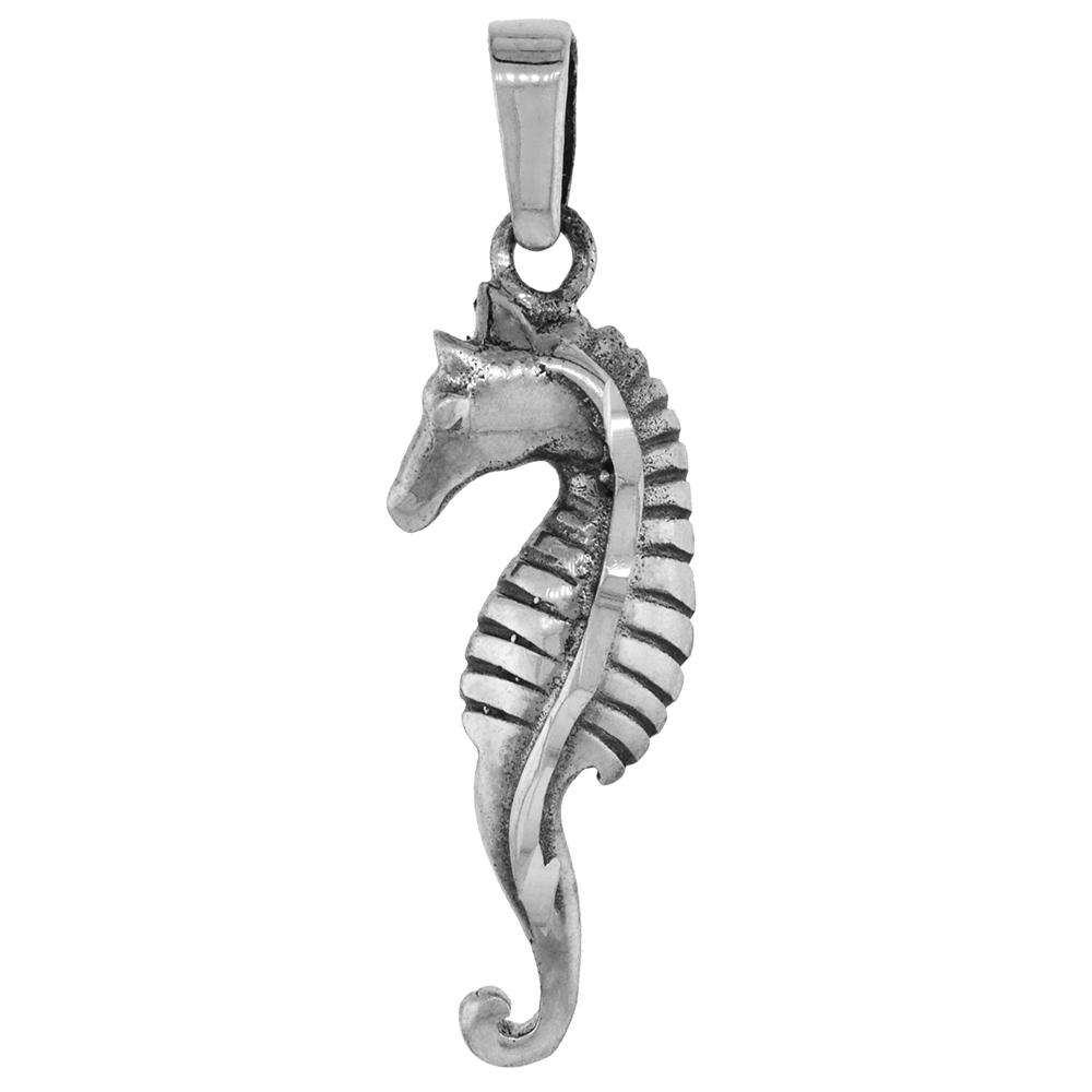 1 1/16 inch Sterling Silver Seahorse Pendant Diamond-Cut Oxidized finish NO Chain