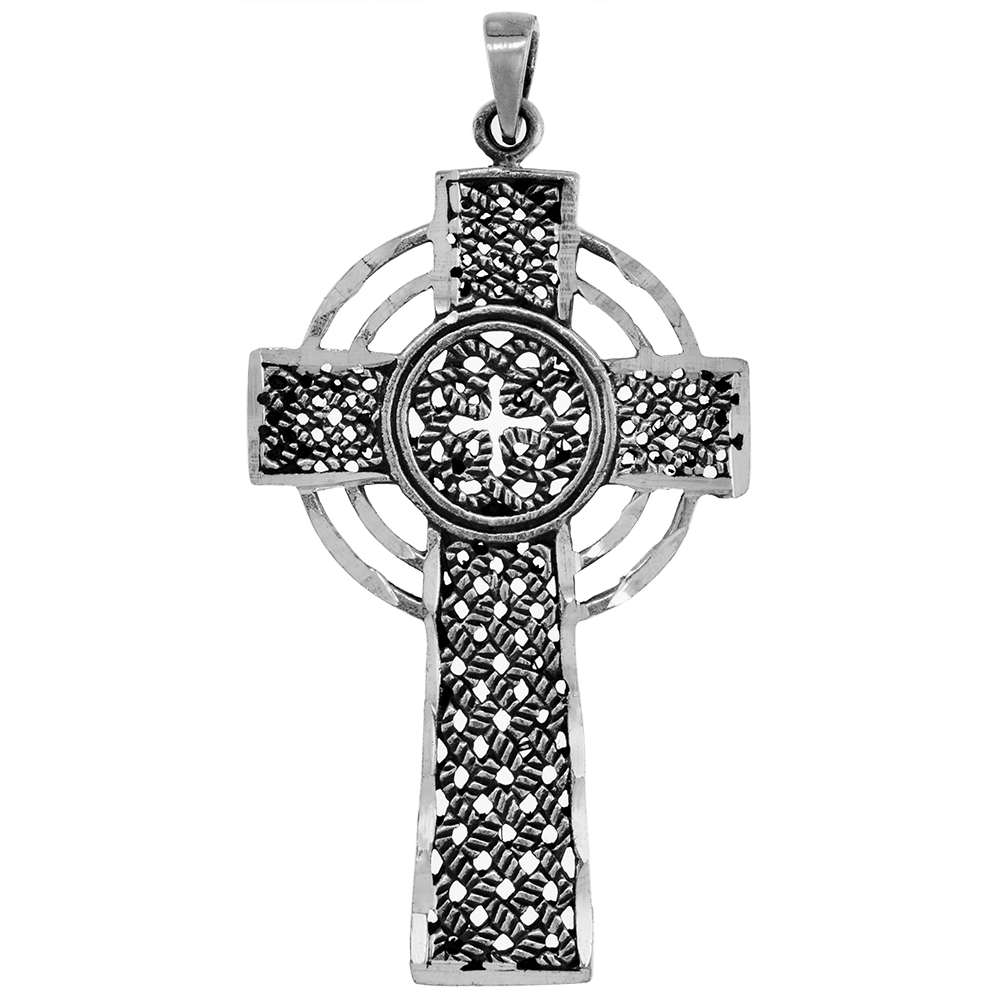 LARGE 1 7/8 INCH STERLING SILVER SAINT COLUMBA CELTIC CROSS PENDANT FOR MEN DIAMOND-CUT OXIDIZED FINISH NO CHAIN