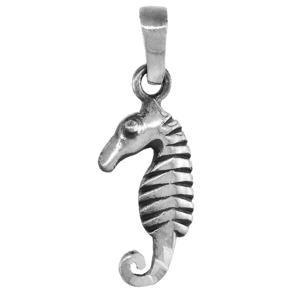 SMALL 3/4 INCH STERLING SILVER SEAHORSE PENDANT FOR WOMEN DIAMOND-CUT OXIDIZED FINISH NO CHAIN (NO CHAIN)
