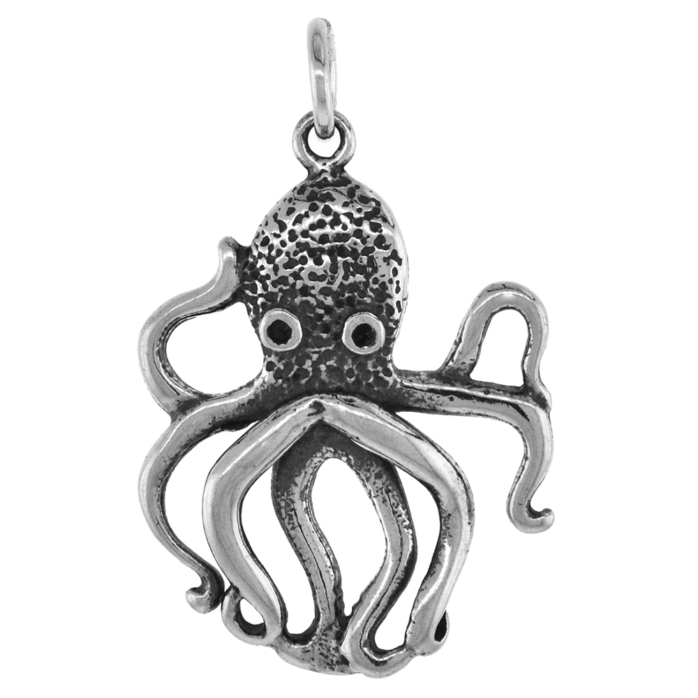 1 1/4 inch Sterling Silver Octopus Necklace Diamond-Cut Oxidized finish available with or without chain