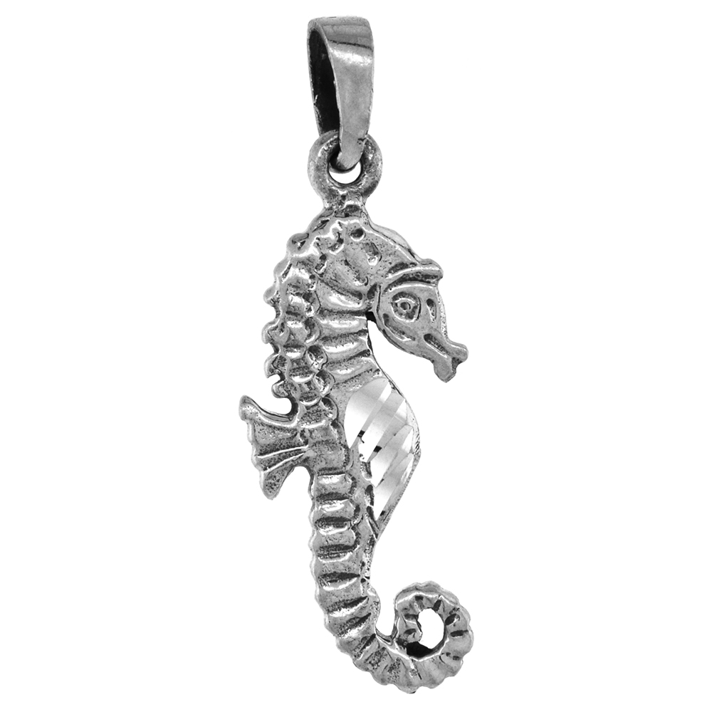 1 1/8 inch Sterling Silver Seahorse Necklace Diamond-Cut Oxidized finish available with or without chain
