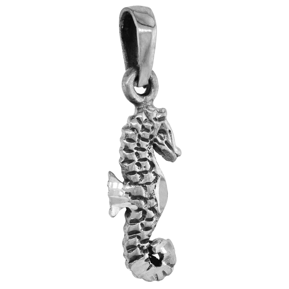 SMALL 3/4 INCH STERLING SILVER SEAHORSE PENDANT FOR WOMEN DIAMOND-CUT OXIDIZED FINISH NO CHAIN (NO CHAIN)