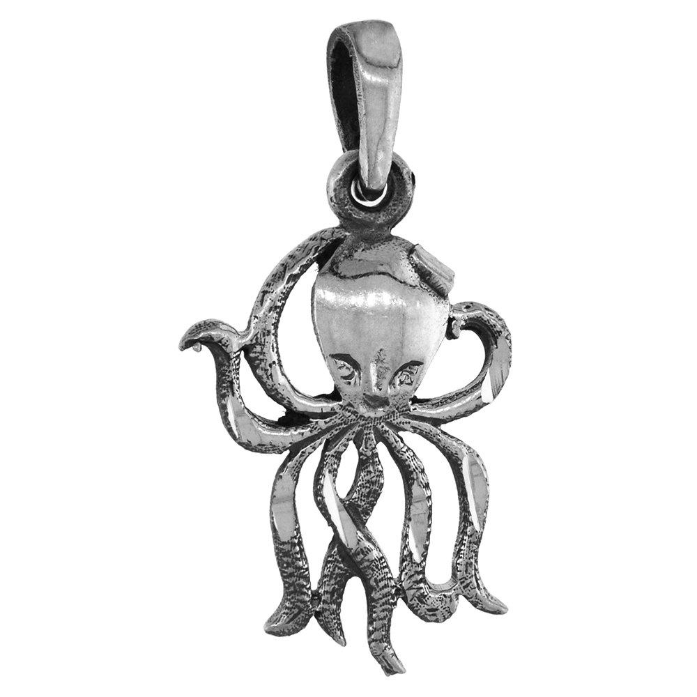 1 inch Sterling Silver Octopus Necklace Diamond-Cut Oxidized finish available with or without chain