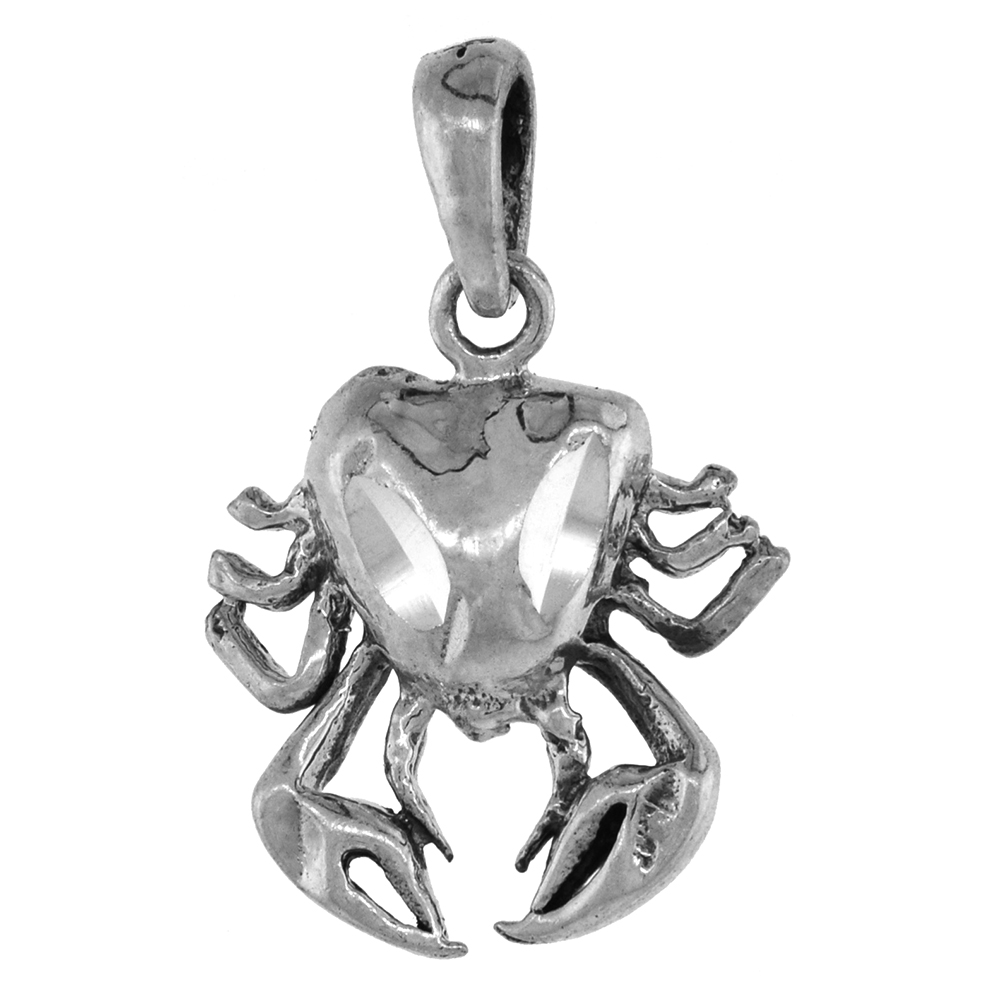 Small 3/4 inch Sterling Silver Crab Pendant for Women Diamond-Cut Oxidized finish NO Chain