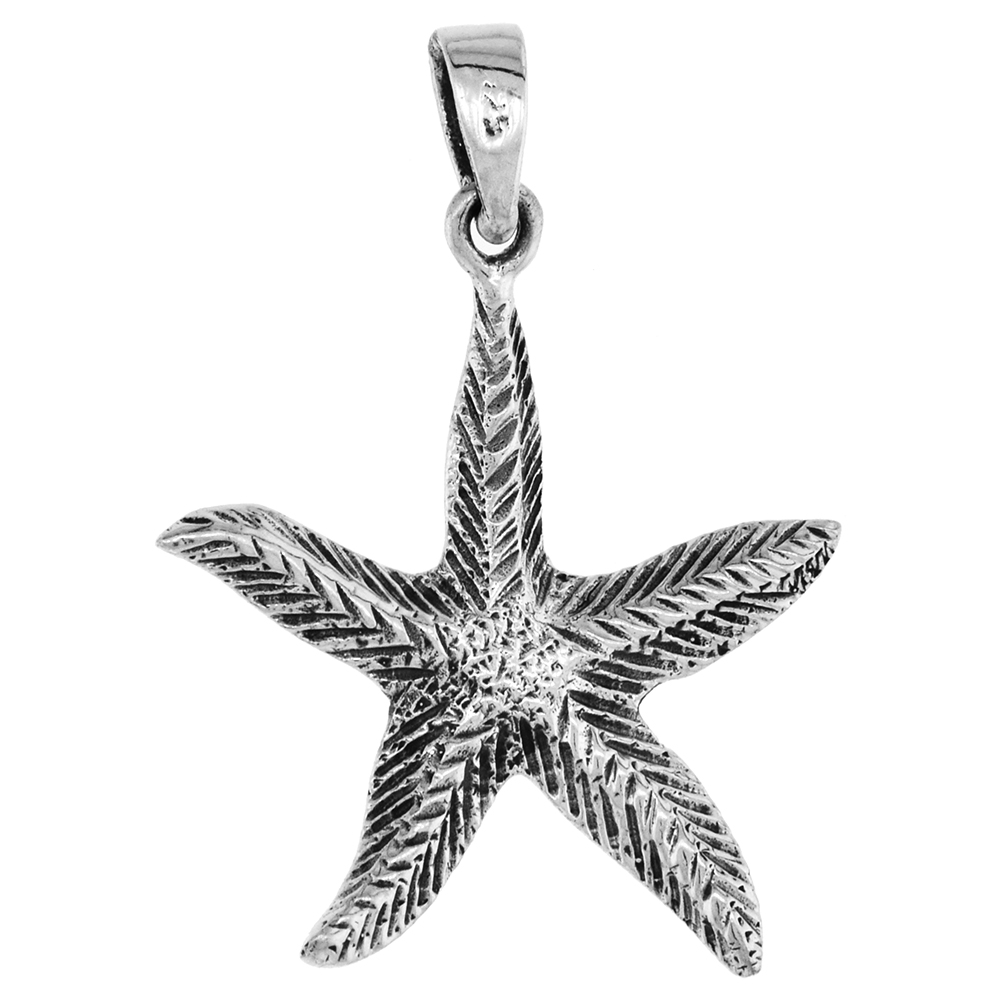 1 1/8 inch Sterling Silver Starfish Necklace Diamond-Cut Oxidized finish available with or without chain