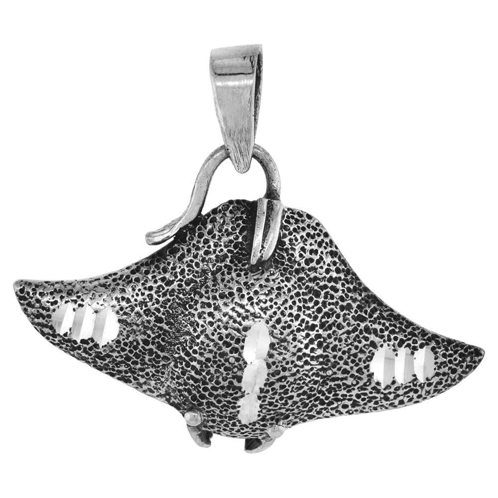 7/8 inch tall Sterling Silver Giant Manta Ray Necklace 33mm wide Diamond-Cut Oxidized finish available with or without chain