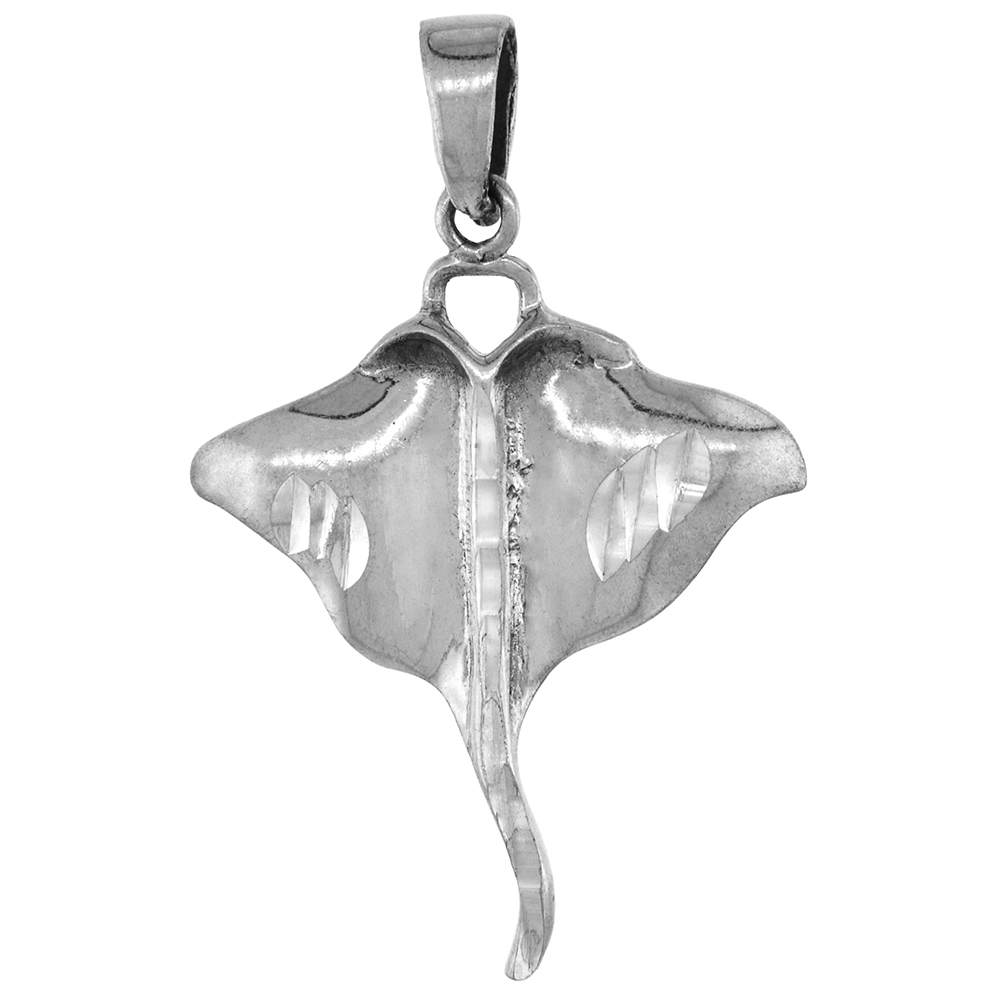 1 1/4 INCH TALL STERLING SILVER STINGRAY PENDANT 25MM WIDE DIAMOND-CUT OXIDIZED FINISH NO CHAIN (NO CHAIN)