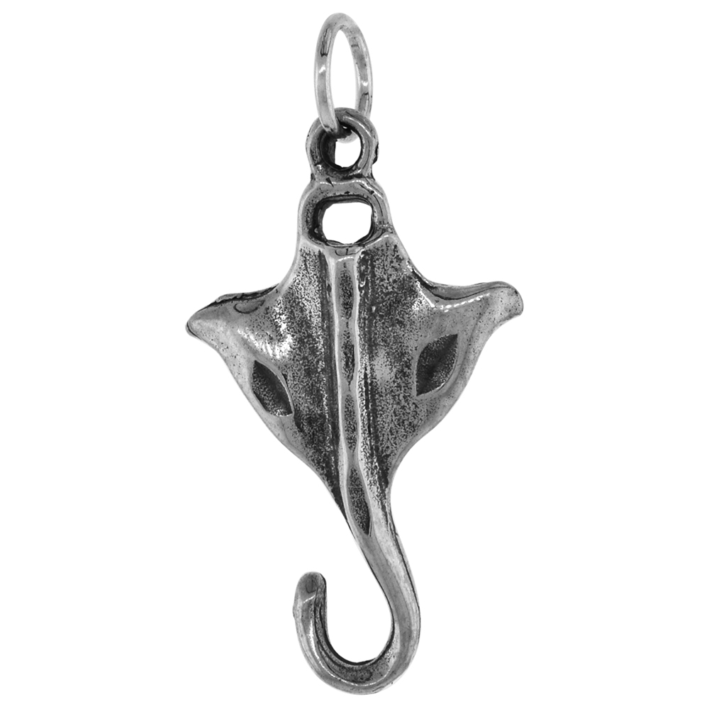 1 1/8 inch Sterling Silver Stingray Necklace Diamond-Cut Oxidized finish available with or without chain