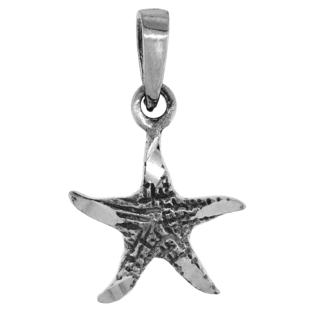 Small 3/4 inch Sterling Silver Starfish Necklace for Women Diamond-Cut Oxidized finish available with or without chain