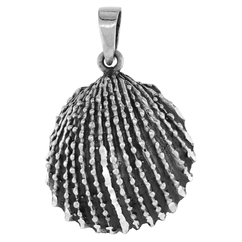 1 1/4 inch Sterling Silver Cockle Clamshell Necklace Diamond-Cut Oxidized finish available with or without chain