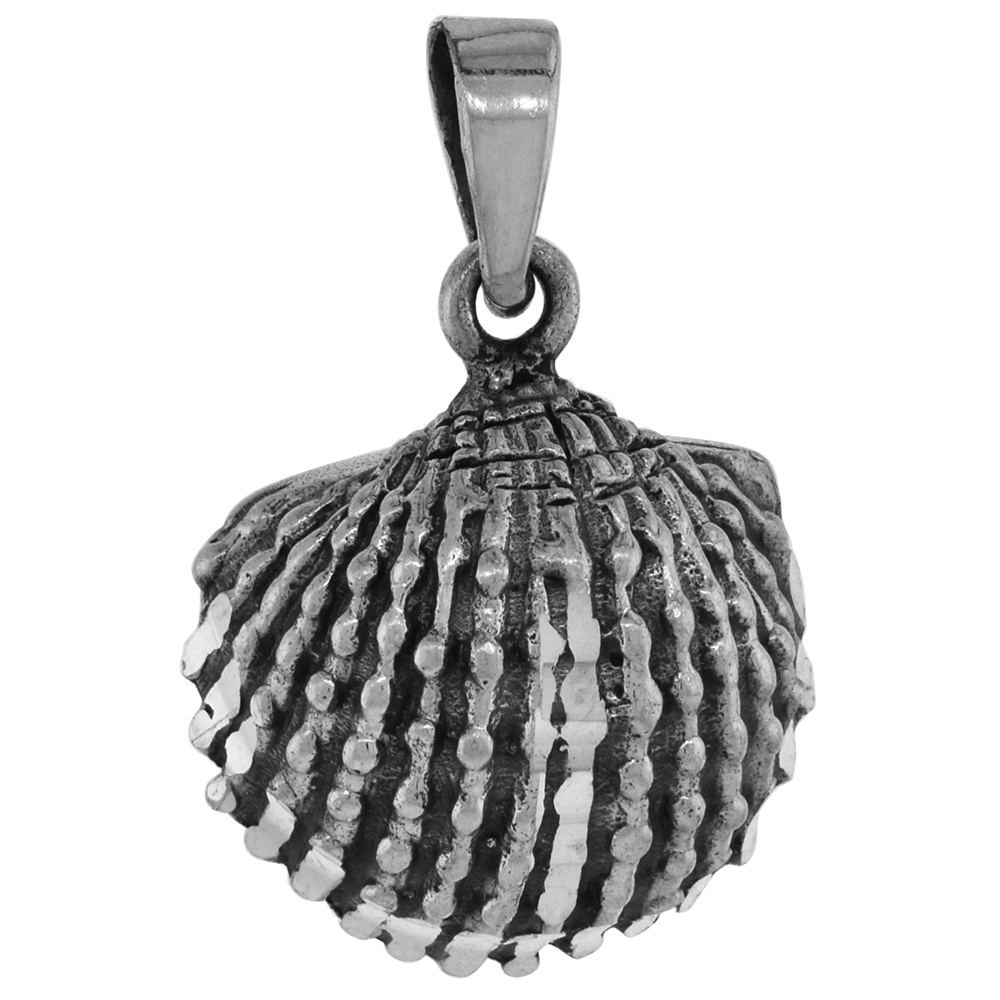 7/8 INCH STERLING SILVER CLAMSHELL PENDANT DIAMOND-CUT OXIDIZED FINISH NO CHAIN (NO CHAIN)