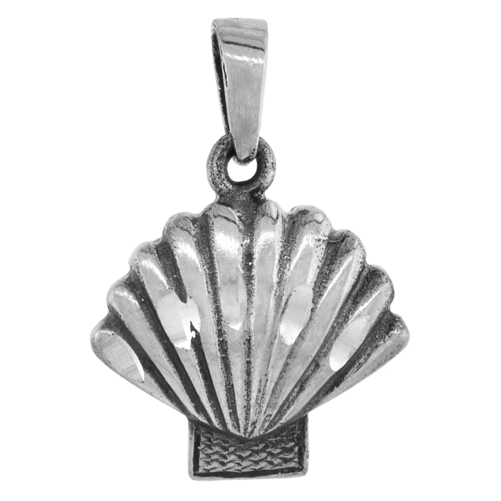 Small 3/4 inch Sterling Silver Fan Scallop Clamshell Necklace for Women Diamond-Cut Oxidized finish available with or without chain